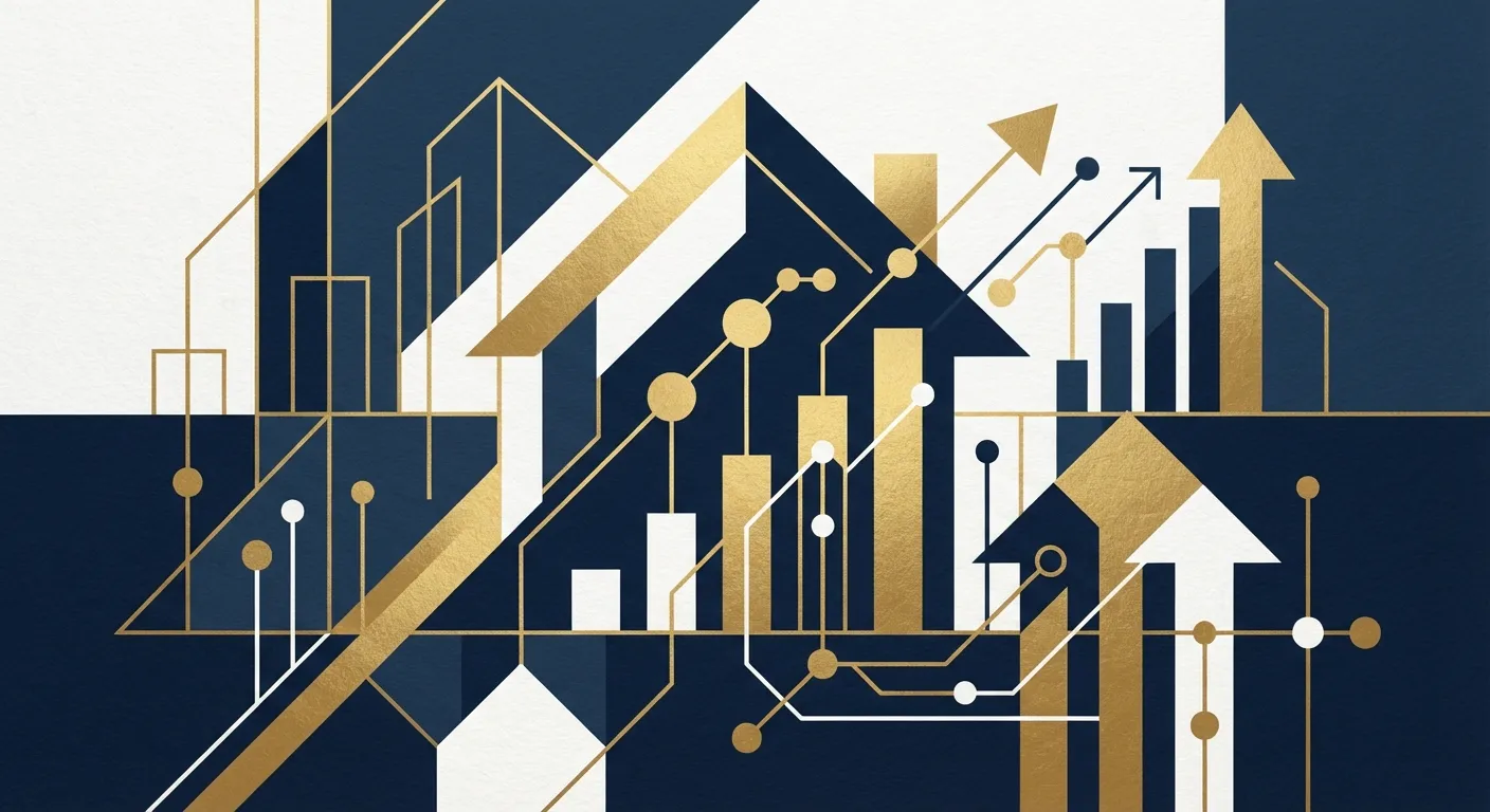 Navy and gold geometric illustration of houses, bar charts and rising arrows