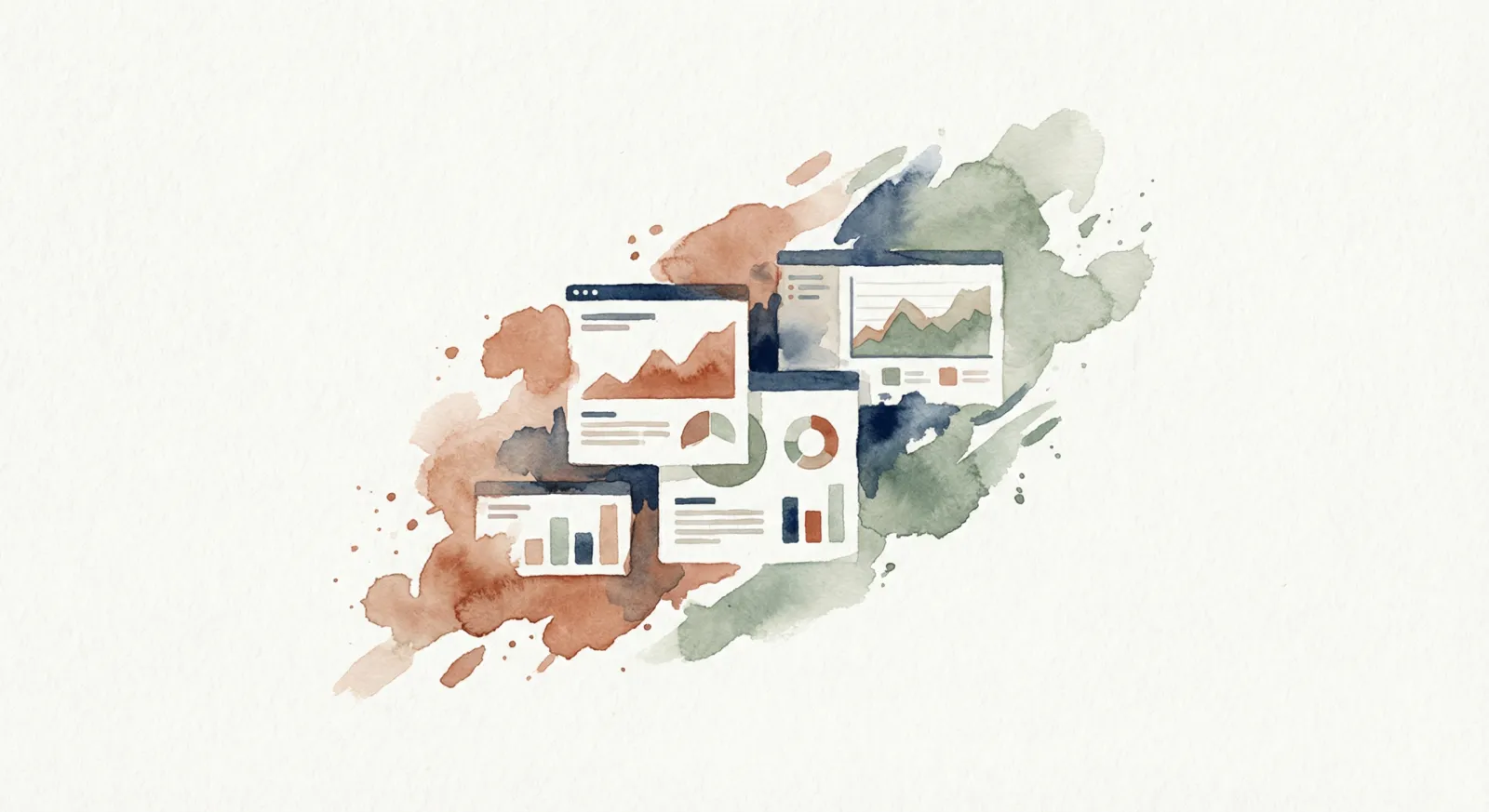 Watercolour of several dashboard windows with charts, in terracotta, green and navy washes