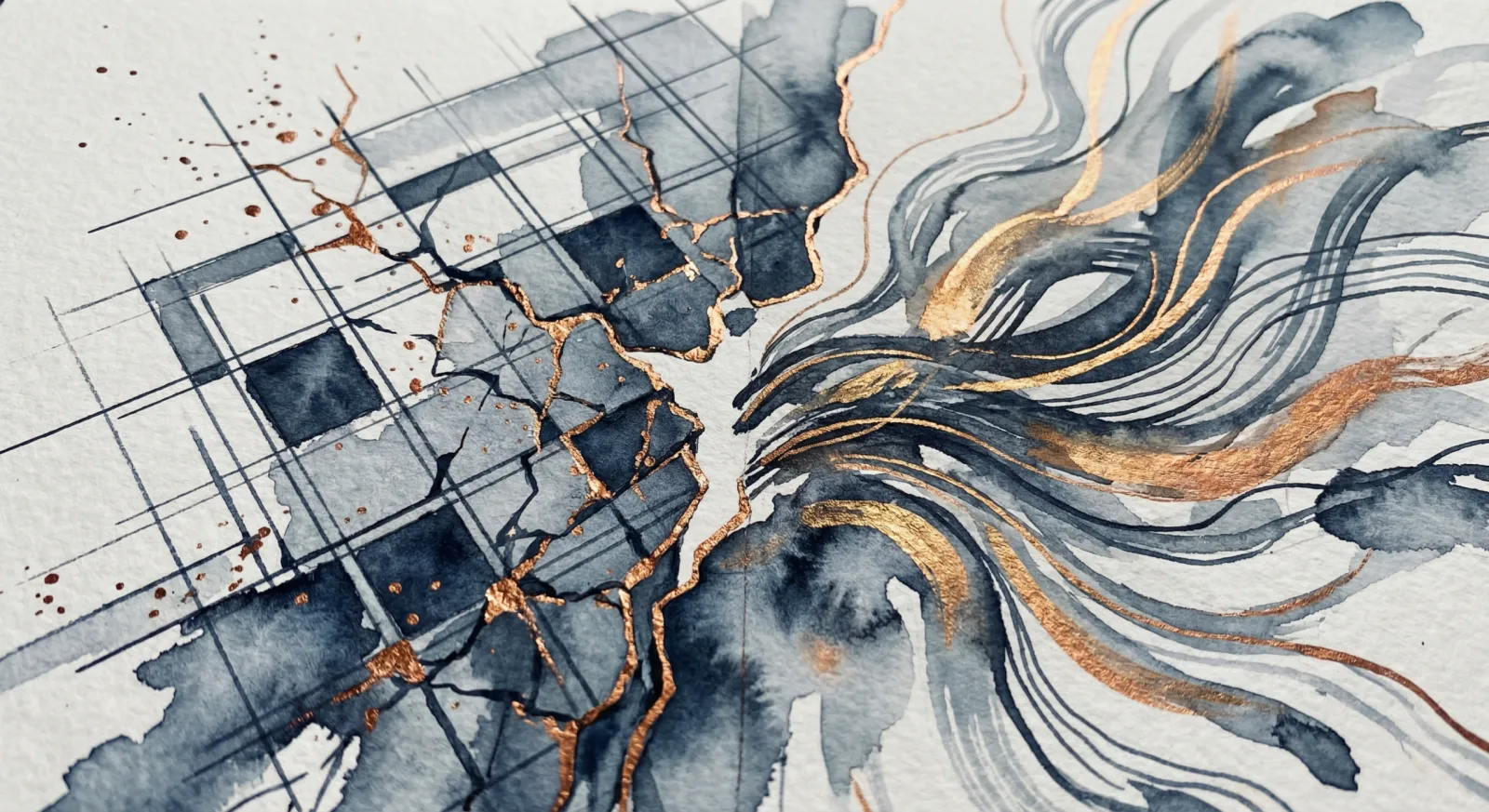 Watercolour of a cracked grid in grey-blue ink with gold seams, beside flowing ink strokes